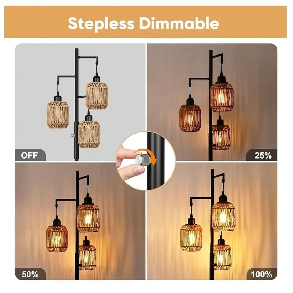 ROTTOGOON 68” Dimmable 3-Light Rattan Floor Lamp Boho Farmhouse Tree Lamp Black